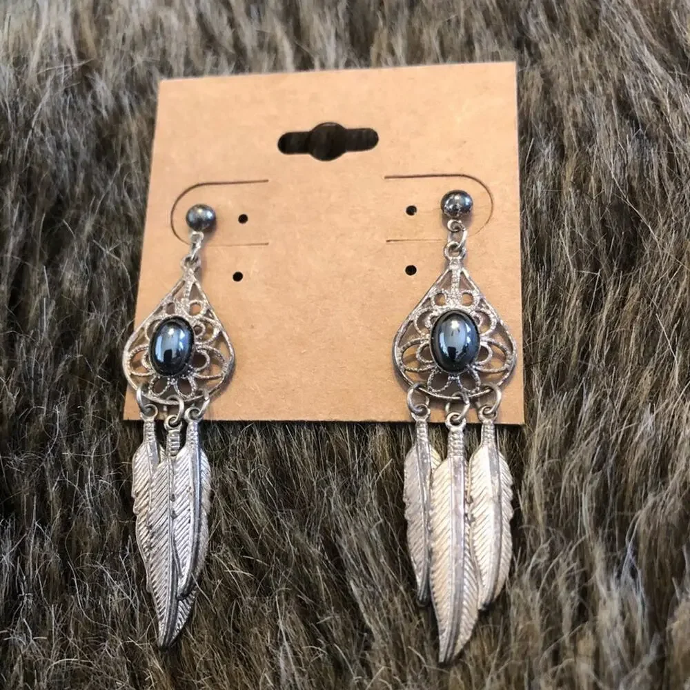 Vintage silver plated feather hematite earrings